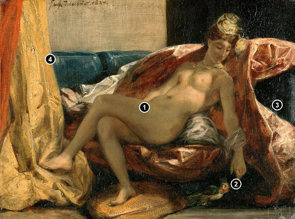 Annotated details from Woman Stroking a Parrot by Eugène Delacroix